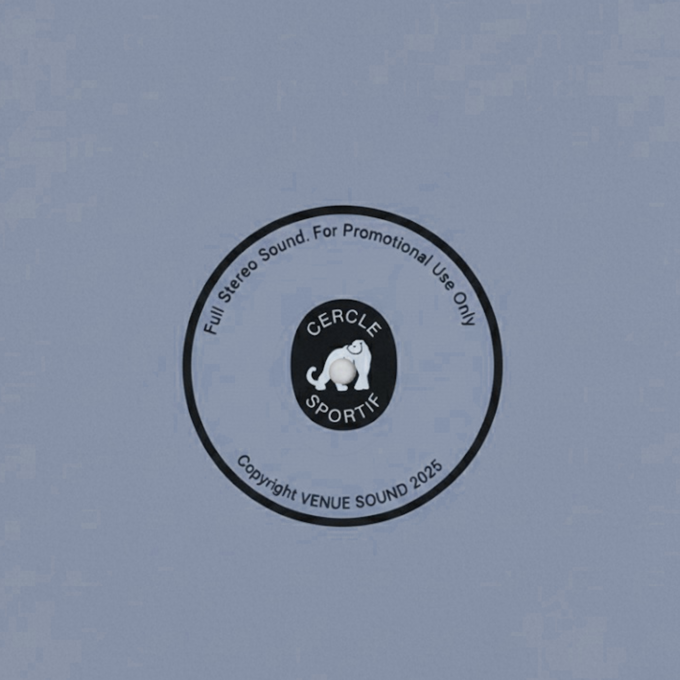 Vinyl record label with text and a logo on a gray background
